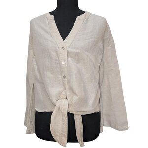 Boston Proper Linen‑Blend Button Front Blouse with Front Tie